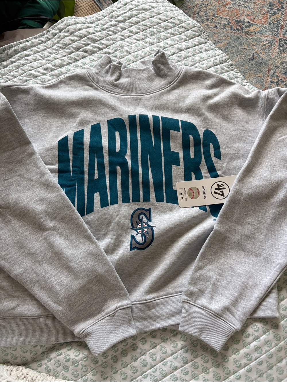 47 Women’s Gray Mock neck Sweatshirt with Teal Mariners Logo